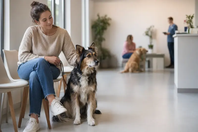 Ein Perro de Pastor Mallorquin sitzt ruhig neben seinem Besitzer im hellen Wartezimmer einer modernen Tierarztpraxis.